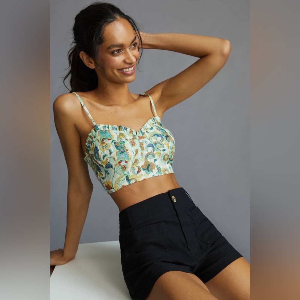Anthropologie Floral Cropped Embroidered Ruffle Bustier Spaghetti Strap Top XXS